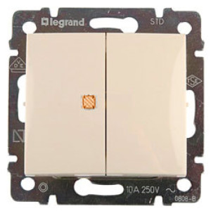 LEGRAND 774345 Выключатель 2-клавишный, с индикацией, 10АХ, 250В, слоновая кость, Valena